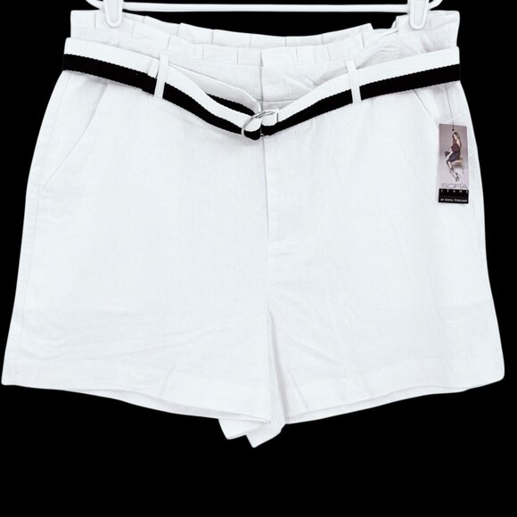 Sofia Vergara Jeans Women's Linen Blend High Rise Belted White Shorts Size 14 NW - Picture 1 of 11